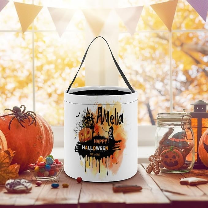 Personalized Halloween Trick or Treat Candy Bag with Name Custom Text Party Tote Bucket Halloween Candy Basket Gift (Bag-10)