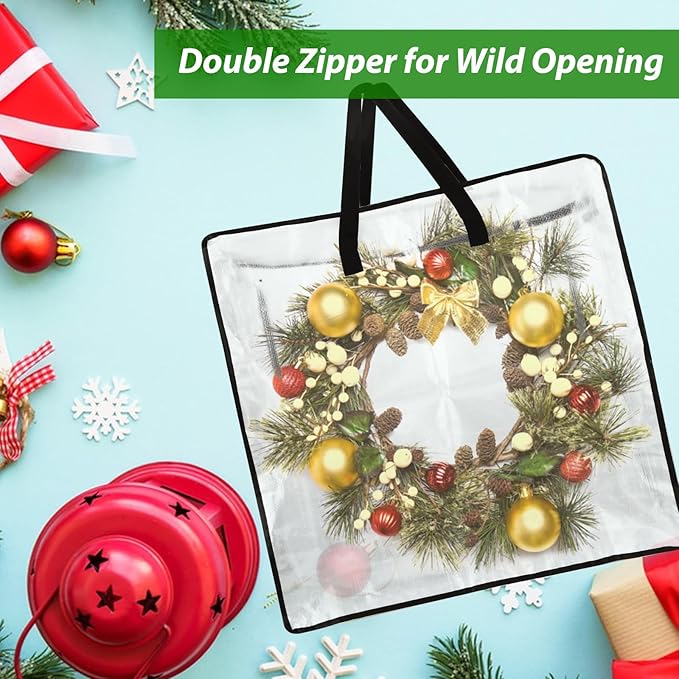 8 Pack Wreath Storage Container, 24 Inch Christmas Wreath Storage Container, Clear Storage Bags with Zipper Sturdy Handles for Seasonal Wreaths, Pillow & Blanket