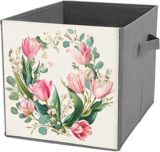 Watercolor Floral Wreath with Pink Tulips Cube Storage Bins Storage Cubes Foldable Decorative Fabric Storage Baskets Home Organizers with Handles for Shelves,Closet, 10.6 X 10.6 Inch