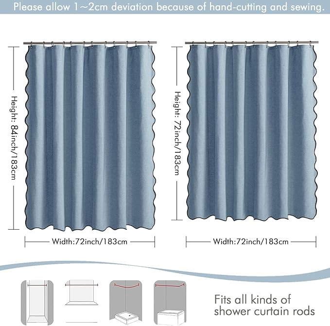 MIULEE 84" Long Scalloped Shower Curtain Linen Textured with 12 Metal Hooks Cute Extra Long Heavy Duty Washable Waterproof Cloth Shower Curtains with Black Border for Bathroom Hotel,Moonlight Blue