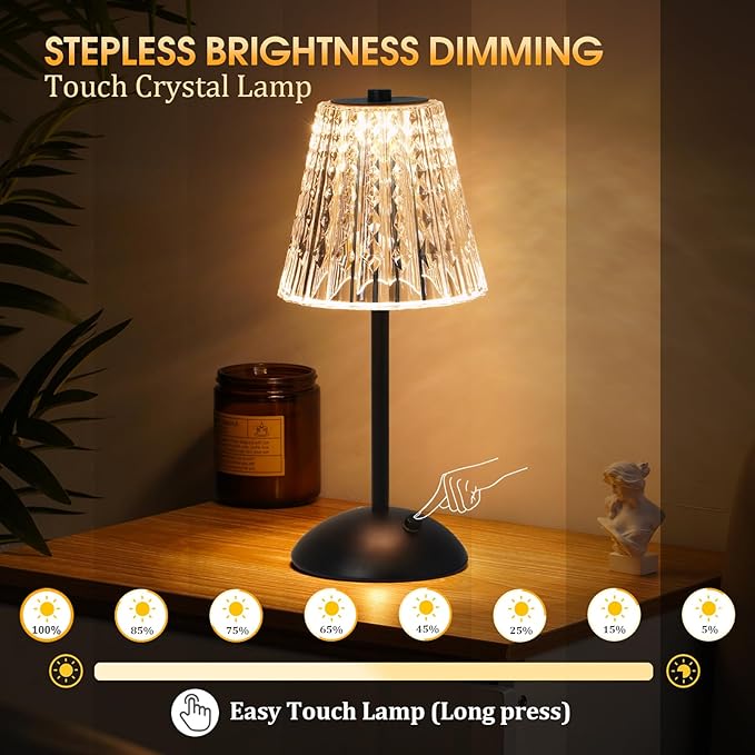 Nusogon Cordless Touch Table Lamp, 3500mAh Rechargeable Small Dask Lamp, 3 Colors Dimmable Battery Operated Crysta Lamp for Bedroom Restaurant Kitchen Home Decor, Black, 2pcs