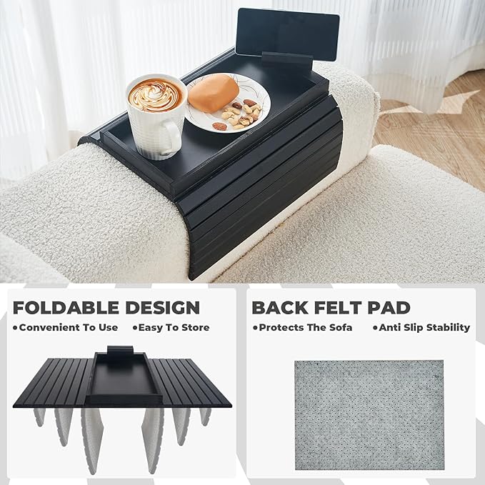 LOVYANXUE Bamboo Sofa Arm Tray Armrest Table with 360° Rotating Phone Holder, Anti Falling Couch Arm Tray, Foldable and Portable Sofa Armrest Cup Holder for Drink,Cups, Phone, Snacks, Remote