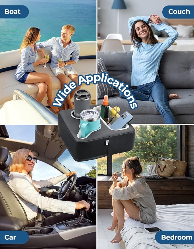 KEMIMOTO Couch Cup Holder Couch Tray Sofa Cup Holder PU Leather Anti-Slip & Spill-Proof Bed Caddy Organizer Sofa Tray for Drinks, Snacks, Remotes, Cell Phones