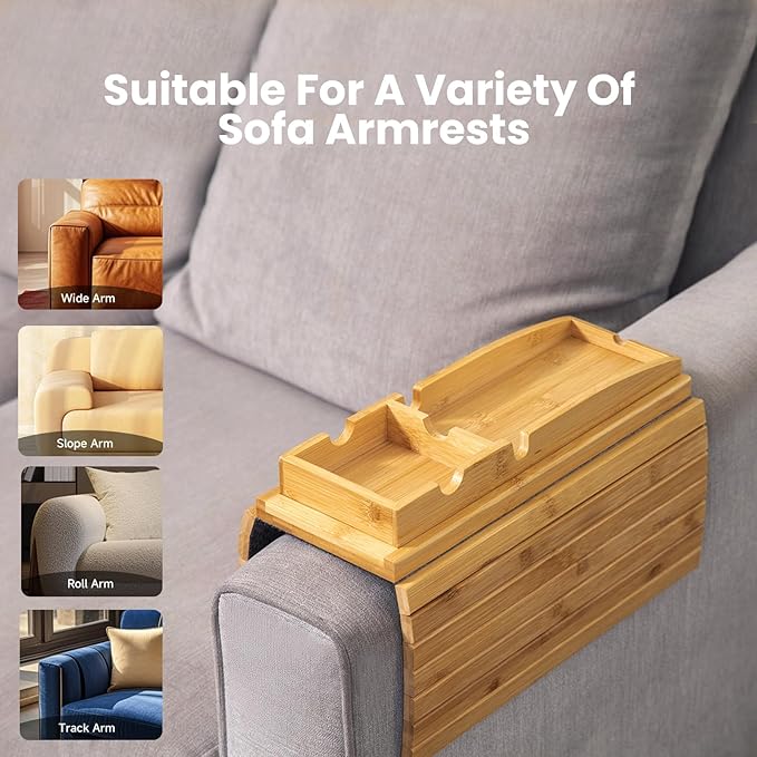 Bamboo Couch Arm Tray Table | 2-in-1 Detachable Sofa Tray with Slidable Cup Holder | 4.5 to 14 inches Wide Adjustable & Foldable Design with an Anti-Slip Surface for Drinks, Snacks, and Remote