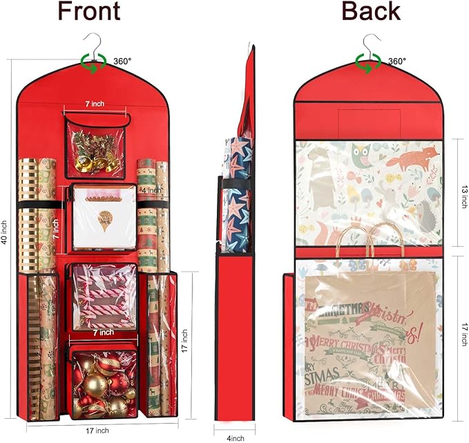 Woodoulogy Hanging Gift Wrapping Paper Storage, 40"X17" Red Double-Sided Christmas Wrapper Bag Container, Oxford Craft Roll Organizer, Present Wrap Holder for Bedroom Closet, Door, Cabinet