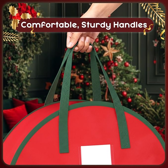 Criusia Wreath Storage Container, 2 Pack Christmas Wreath Storage Bag with Sturdy Handle, Two-way Zipper,Durable Wreath Storage Organizer Box for Holiday Decoration (Red, 30"x8")
