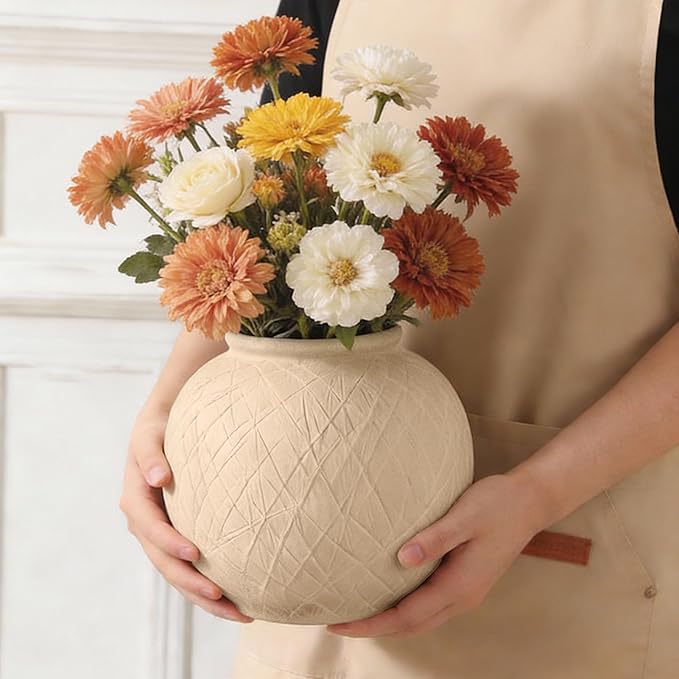 Carved Rustic Farmhouse Vase Home Decor - 6 in Ceramic Boho Decorative Vase for Decor, Round Clay Beige Terracotta Bowl vase for Living Room, Table, Shelf, Centerpieces