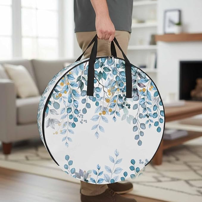 Storage Bag Teal Blue Eucalyptus Leaves Round Storage Totes Bins Closet Organizers with Zippers & Handle Berry Branch Nature Plant Clothes Storage Container for Bedroom Space Saving Packing Supplies