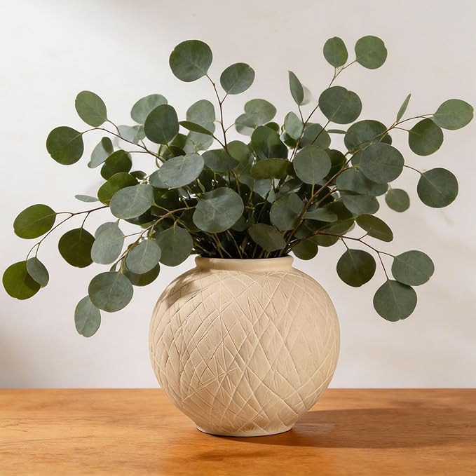Carved Rustic Farmhouse Vase Home Decor - 6 in Ceramic Boho Decorative Vase for Decor, Round Clay Beige Terracotta Bowl vase for Living Room, Table, Shelf, Centerpieces