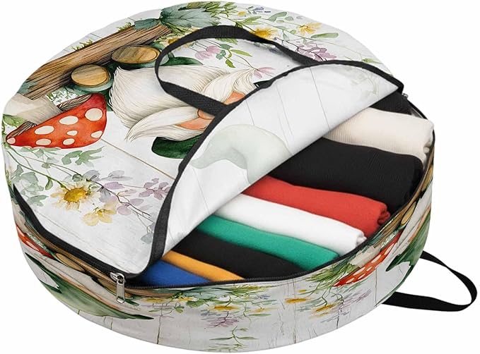 Spring Round Storage Bag 24 Inch, Country Green Gnome Mushroom Floral Retro Wood Grain Clothes Storage Container with Handles Heavy Duty Organizer for Comforter, Bedding & Holiday Wreaths