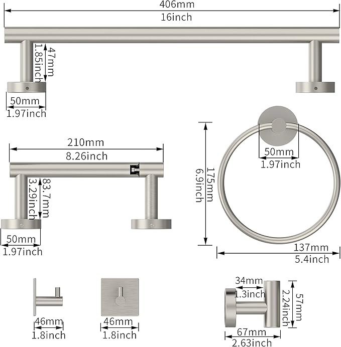 RARXTR 6 PCS Bathroom Hardware Set, Including 16" Hand Towel Bar, Toilet Paper Holder, Towel Ring, Robe Towel Hooks, Bathroom Accessories Kit (Brushed Stainless Steel)