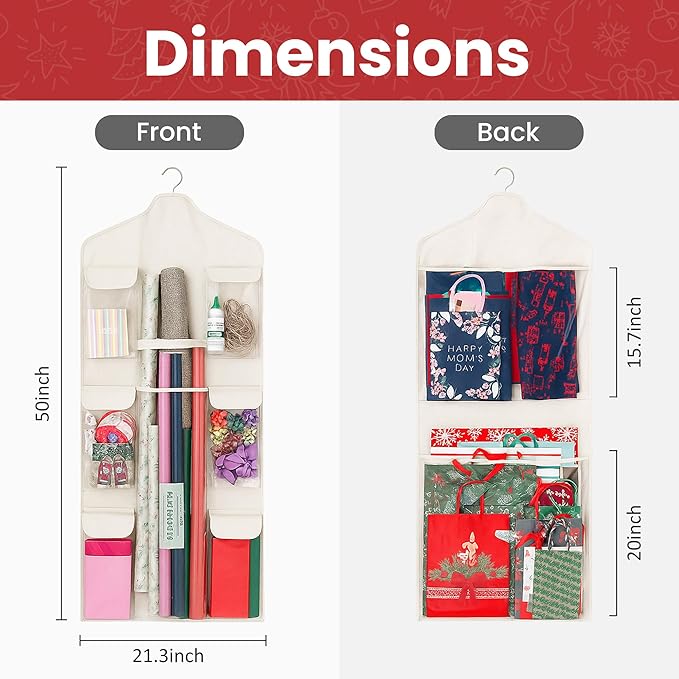 Wrapping Paper Organizer Storage – Double-Sided Hanging Gift Wrap Holder with Wooden Hanger – Over the Door or Closet Storage for Gift Bags with Pockets – For Christmas, Birthdays & Special Occasions.