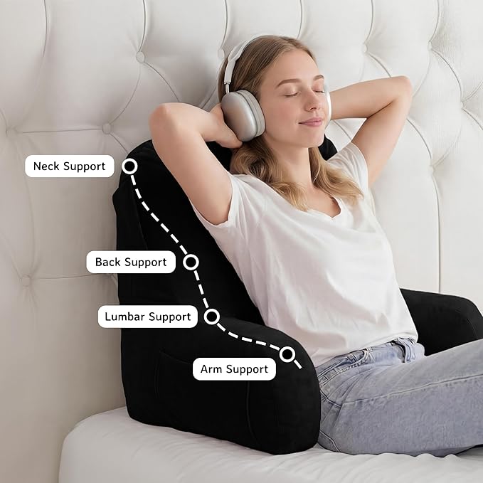 Unisakey Portable Comfy Reading Pillows for Bed Sitting Up(Black Oeko-Tex), Velvet Back Pillow with Arms & Pockets for Adults, Support Memory Foam Bed Pillow for Dorm/Reading/Watching/Gaming