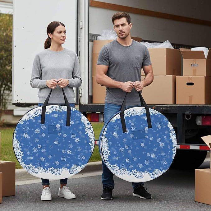Christmas Dreamlike Round Storage Bag 36 Inch, Winter Snowflake Blue Background Clothes Storage Container with Handles Heavy Duty Organizer for Comforter, Bedding & Holiday Wreaths