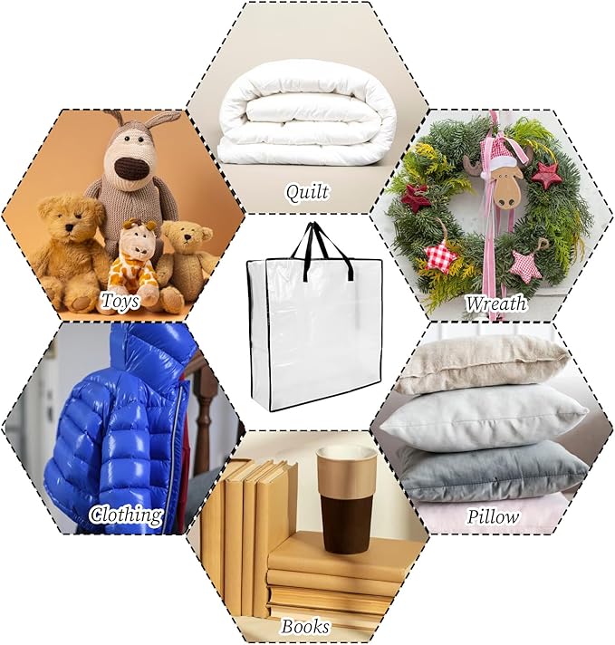 5 Pack Moving Bags, Wreath Storage Bag, Garland Container, Clear Storage Bags with Handles and Zippers Moving Bag for College Carrying, Bedding, Gift Organizer, Under the Bed Storages