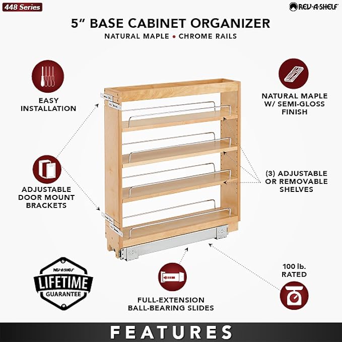 Rev-A-Shelf 5" Wood Pullout Kitchen Cabinet Organizer for 5.5" W Opening - Spice Caddy & Seasoning Rack Sliding Storage with Adjustable Shelves for Pantry Organization, 448-BC-5C