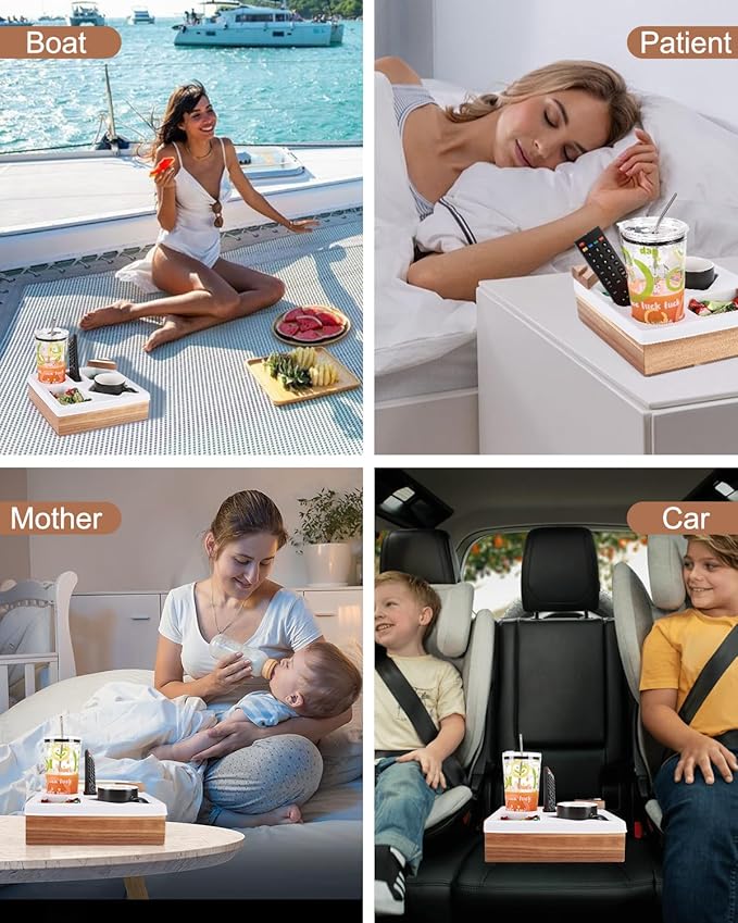 Couch Cup Holder Tray, Silicone Acacia Wooden Couch Caddy with Cup Holder for Snacks, Drinks, Remotes, Waterproof Cup Holder for Couch, Organizer, Couch Drink Holder, Pillow, Easter Gifts