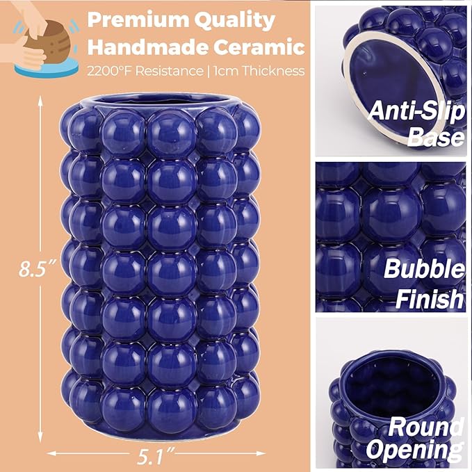 Bubble Vase, Blue Ceramic Vase, Short Ceramic Flower Vases, Modern Decorative Vases for Living Room, Wedding, Entryway, Mantel, Office, 8.5 Inches