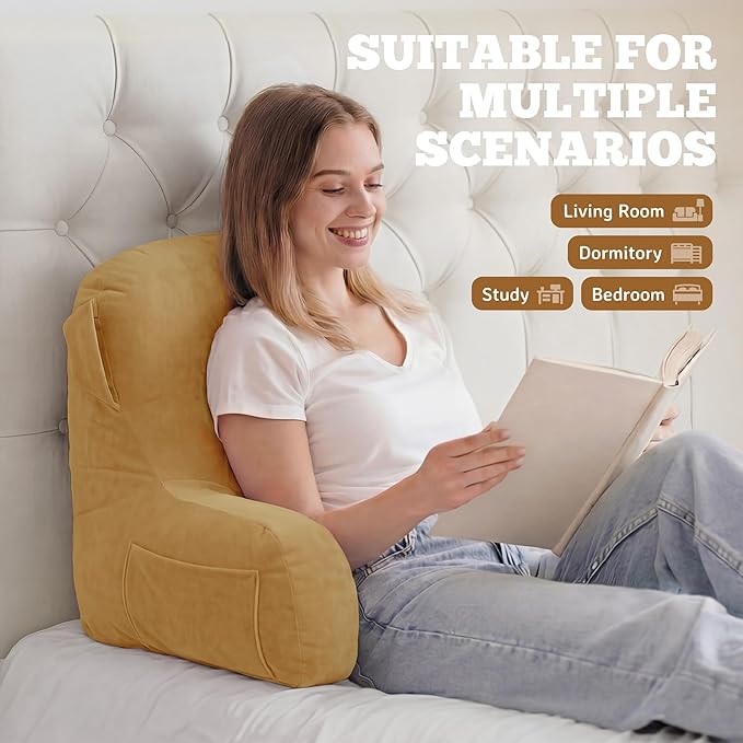 Unisakey Portable Comfy Reading Pillows for Bed Sitting Up(Camel Oeko-Tex), Velvet Back Pillow with Arms & Pockets for Adults, Support Memory Foam Bed Pillow for Dorm/Reading/Watching/Gaming