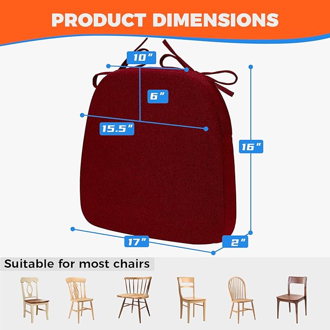 Sunsleek Chair Cushions for Dining Chairs, D-Shaped Seat Cushions with Removable Washable Cover and Ties, Chair Pads for Kitchen, Indoor Dining Room, Patio Chairs, 17'' x 16'', Set of 4, Red