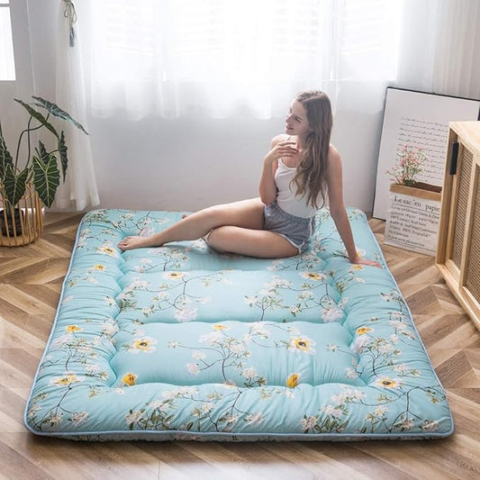 MAXYOYO Rustic Floral Korean Floor Mattress Japanese Futon Mattress, Foldable Roll Up Camping Mattress Floor Lounger Couches and Sofas Mattress Topper King Size