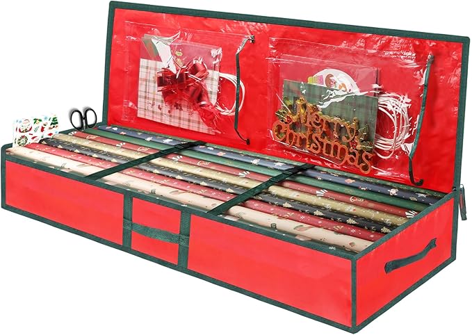 Christmas Gift Wrapping Paper Organizer Storage Bags,Plastic Container for Holiday Supplies & Accessories, Gift Bag Organizer, Under Bed Wrapping Paper Storage (Red)