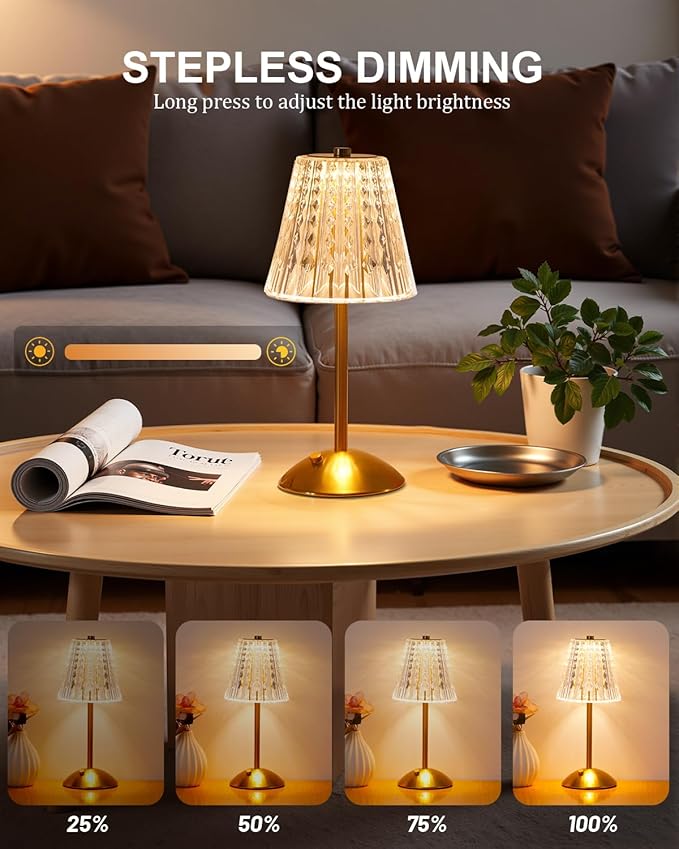 Nusogon Cordless Touch Table Lamp, LED Rechargeable Small Dask Lamp, 3 Colors Dimmable Battery Operated Crysta Lamp for Bedroom Restaurant Kitchen Home Decor, Gold, 2pcs