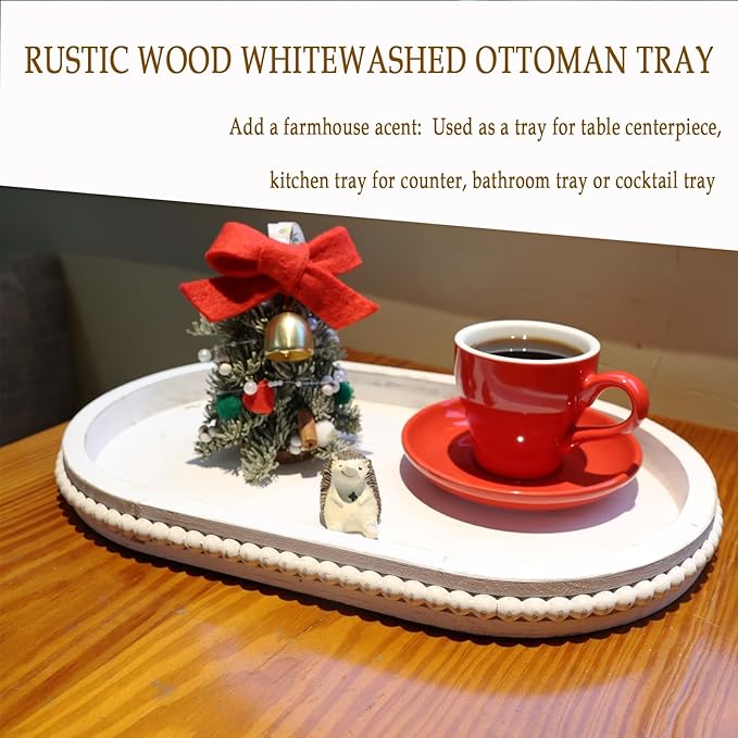 Hrastany Oval Wood Serving Tray with Wooden Beads, Outdoor Farmhouse Decorative Tray for Ottoman, Coffee Table, Kitchen Counter Organizer, Home Decor(Whitewashed)