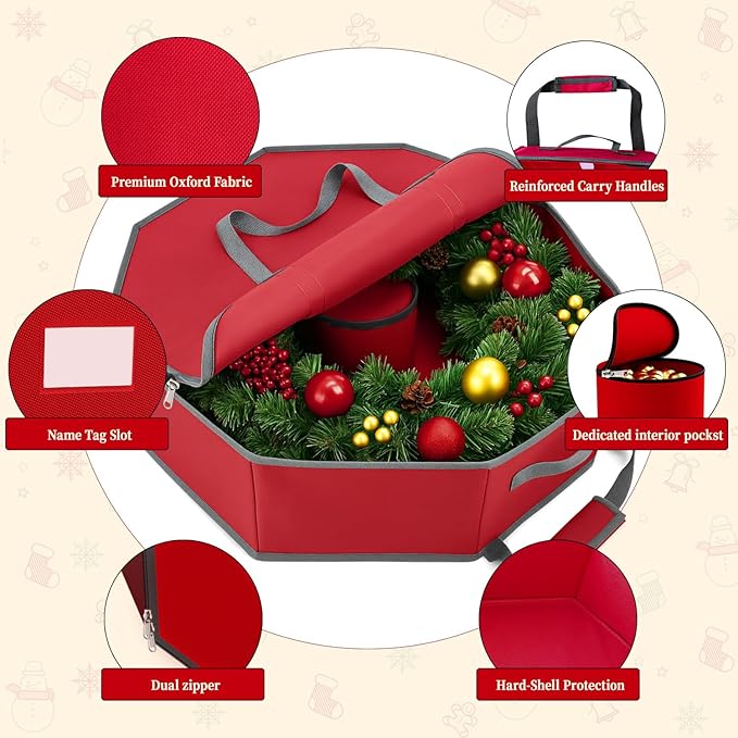 KYEVIS Christmas Wreath Storage Container, 24 Inch Tear-Resistant Dustproof Wreath Bag with Interior Pockets & Dual Handles and Zipper for Garland Ornament Holiday Decor Organizer