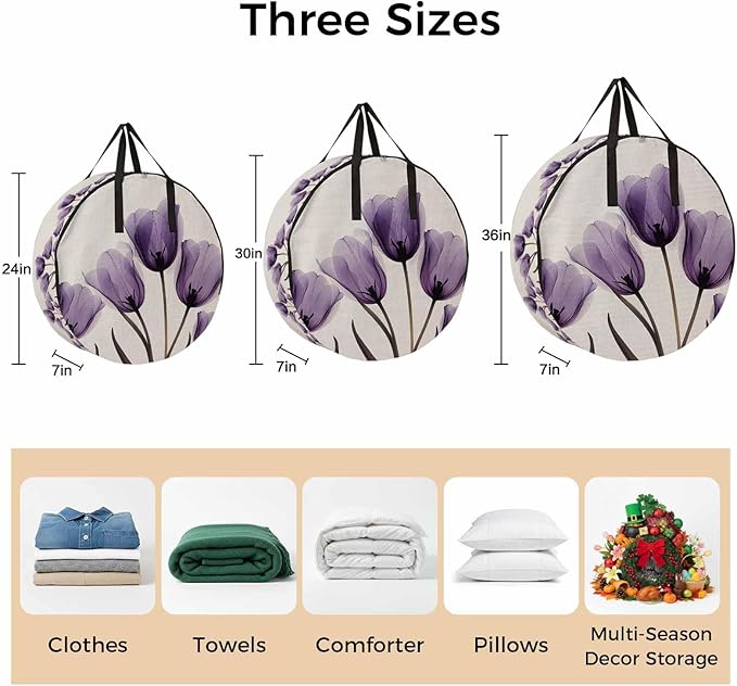 Spring Purple Round Storage Bag 30 Inch, Flowers X-ray Image of Tulips Floral Retro Clothes Storage Container with Handles Heavy Duty Organizer for Comforter, Bedding & Holiday Wreaths