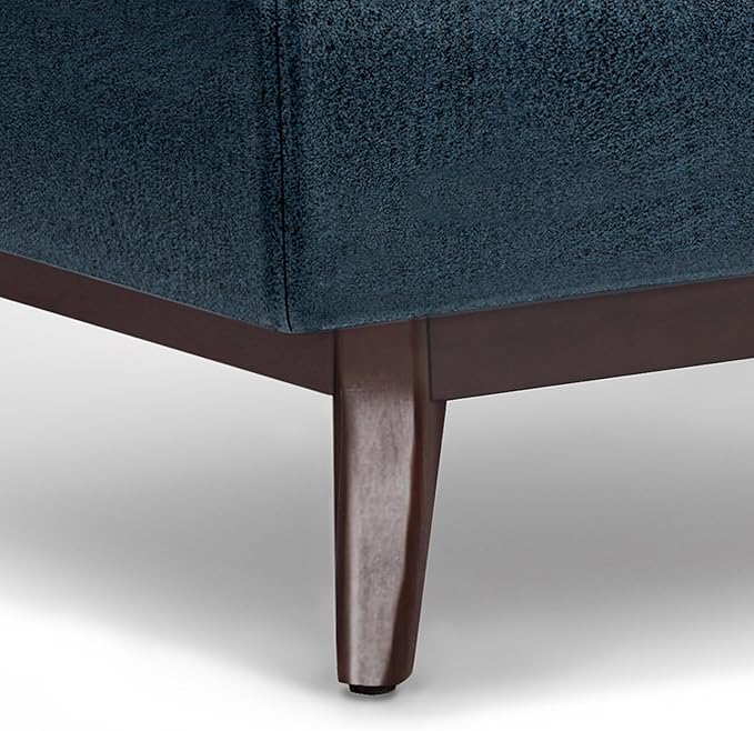 SIMPLIHOME Owen Coffee Table Storage Ottoman - 34" Wide x 19" High Upholstered Vegan Leather Rectangular Lift-Top Ottoman in Distressed Dark Blue, Mid-Century Modern Bench with Tapered Legs