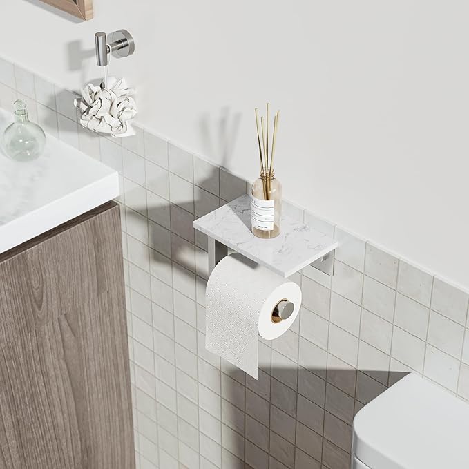 Toilet Paper Holder with Marble Shelf, 304 Stainless Steel Tissue Hand Holder Wall Mounted Toilet Paper Roll Hold with Phone Shelf for Bathroom Kitchen Washroom Bedroom, Brushed Nickel