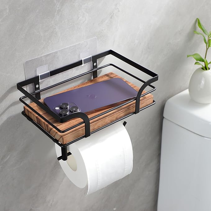 YIGII Rustic Farmhouse Toilet Paper Holder with Shelf - Wooden Tissue Paper Roll Holder, Bathroom Wall Mounted Toilet Paper Roll Holder with Wipes Storage, Black Metal