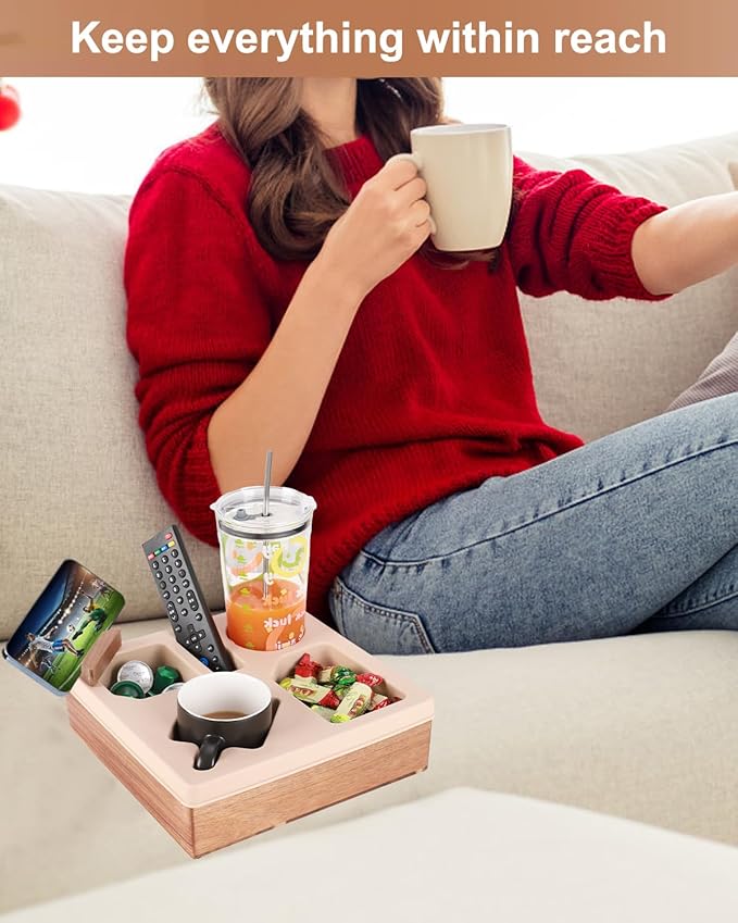 Couch Cup Holder Tray, Silicone Wooden Couch Caddy with Cup Holder for Snacks, Drinks, Remotes, Waterproof Cup Holder for Couch, Organizer, Couch Drink Holder, Easter Gifts