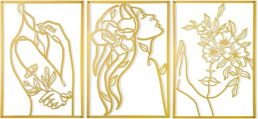 AGIOTA 3 Pcs Gold Wall Decor Above Bed Minimalist for Living Room Metal Line Art - Female Body, Gold Room Decor for Bedroom Modern Wall Art for Indoor 15inch