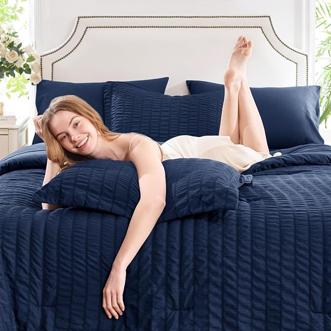 CozyLux Oversized King Comforter Set Navy Blue Seersucker 7 Pieces 120x98 Bed in a Bag Comforter Set with Sheets, Luxury Soft Bedding Sets with Down Alternative Comforter, Sheets, Pillowcases & Shams