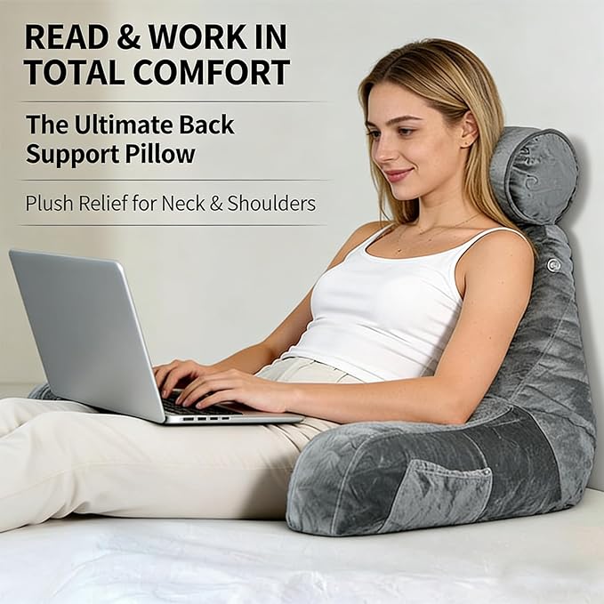 Reading Pillow for Sitting in Bed with Detachable Neck Roll & Big Bed Backrest Pillow Back Support Pillow Chair Pillow with Washable Cover for Adult with Arms and Side Pocket Shredded Foam