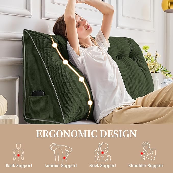 Sasttie Headboard Pillow Twin/Twin XL, Wedge Pillow Headboard for Dorm, Triangular Daybed Backrest Cushion for Sitting or Reading in Bed, with Removable Washable Cover, Olive Green