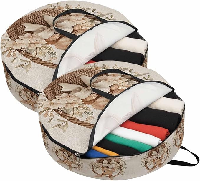 24 Inch Round Storage Bag 2 Pack,Easter Rabbit Basket on Vintage Linen Waterproof Wreath Storage Container with Handles&Zipper Spring Flower Bow Closet Organizer Bags Garland Box
