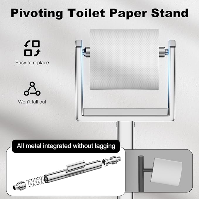 Silver Toilet Paper Holder Stand，Stainless Steel Toilet Paper Holder Free Standing，Stable Weighted Base Floor Tissue Roll Holder for Bathroom，Modern Pivoting Toilet Paper Stand