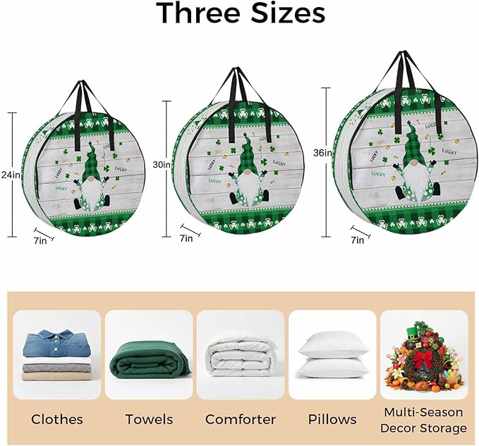30 Inch Round Storage Bag 1 Pack,St. Patrick Irish Gnomes Wood Board Coin Waterproof Wreath Storage Container with Handles&Zipper Buffalo Tartan Closet Organizer Bags Garland Box