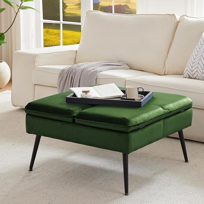 Square Ottoman with Storage, Large Oversized Ottoman Coffee Table, Double Flipping Lid & Mid-Century Modern & Velvet Style, Loads 660 lb, for Living Room, Bedroom, Entryway, Green