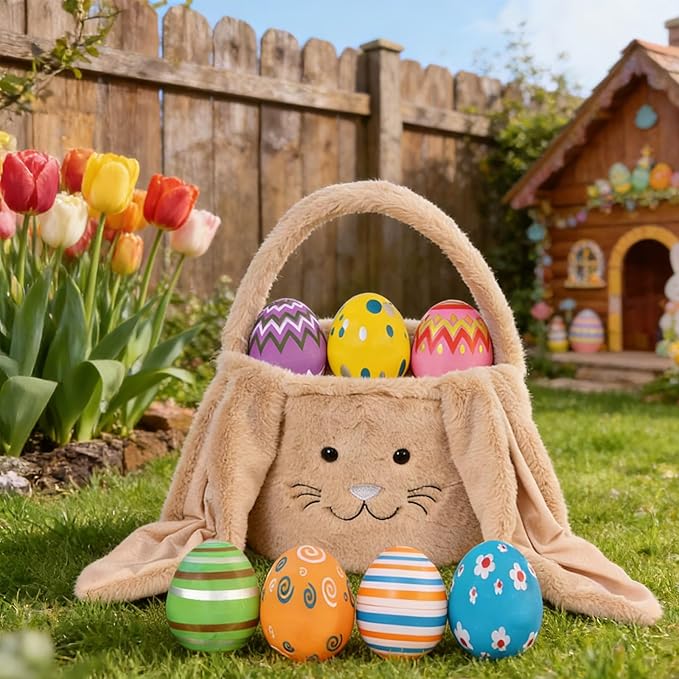 Plush Bunny Easter Egg Handbag Set, 2026 New Easter Storage Basket, 12 Openable Easter Eggs(Brown)