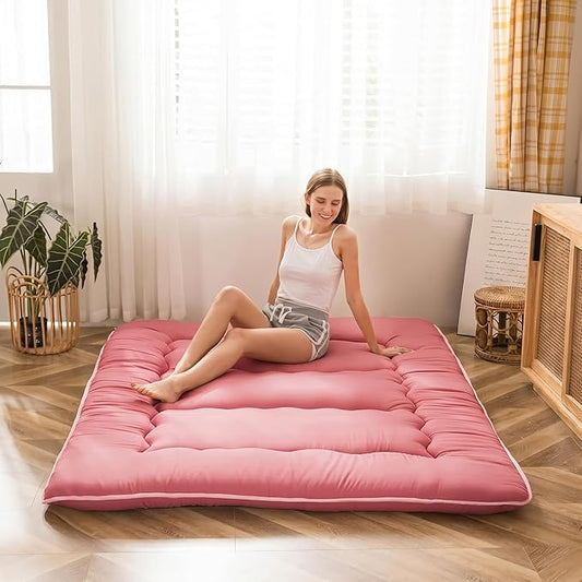 MAXYOYO Japanese Floor Mattress Futon Mattress, Thicken Sleeping Pad Foldable Roll Up Floor Futon for Adults Tatami Mat Dormitory Couch Lounger, Pink, Full Size