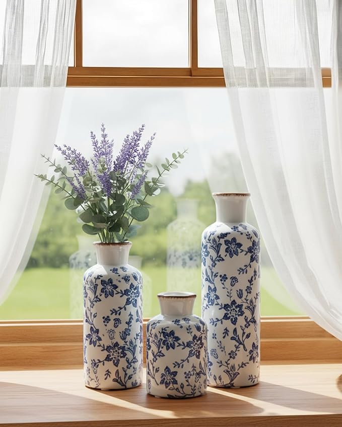 Ceramic Vase Set of 3, Vintage Ceramic Flower Vases, Crackle-Glaze & Distressed Rim, Blue Botanical Pattern, for Home Decor, Living Room Mantel & Dining Table Centerpiece
