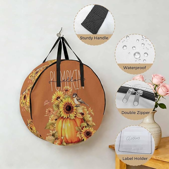Hello Pumpkin Round Storage Bag 36 Inch, Thanksgiving Retro Sunflowers Clothes Storage Container with Handles Heavy Duty Organizer for Comforter, Bedding & Holiday Wreaths