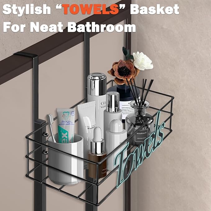HarJue Over The Door Towel Racks, No Drill Towel Storage with Basket & Hooks, Space-Saving Multi-Functional Towel Holder for Bathrooms, bedrooms, Apartments, RVs (Matte Black, 5 Tier)