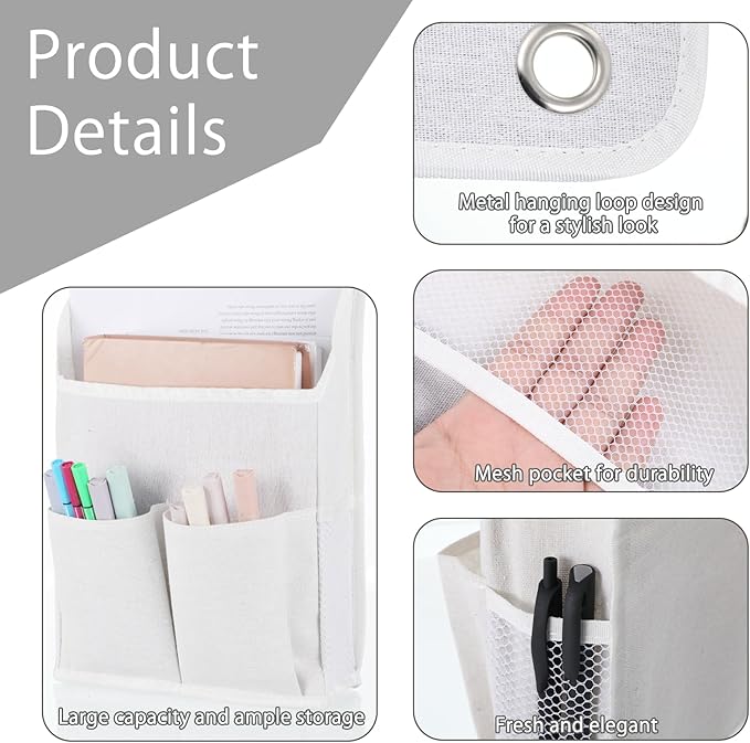 Hanging Basket for Organizing, Hanging Organizer with Pockets, Wall Storage Basket Bedside Caddy Camper Fabric File Organizer Holds Books, Phones, Glasses, Mail, Keys for Home, Office, Dorm (White)