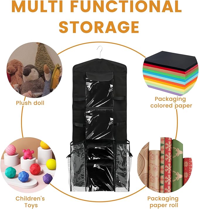 Wrapping Paper Storage - Double-Sided Hanging Wrap Organizer, Compartmental Wrap Organizer Holder, Wrapping Paper Storage Containers, Behind The Door Storage for Kitchen Bedroom Closet (Black)