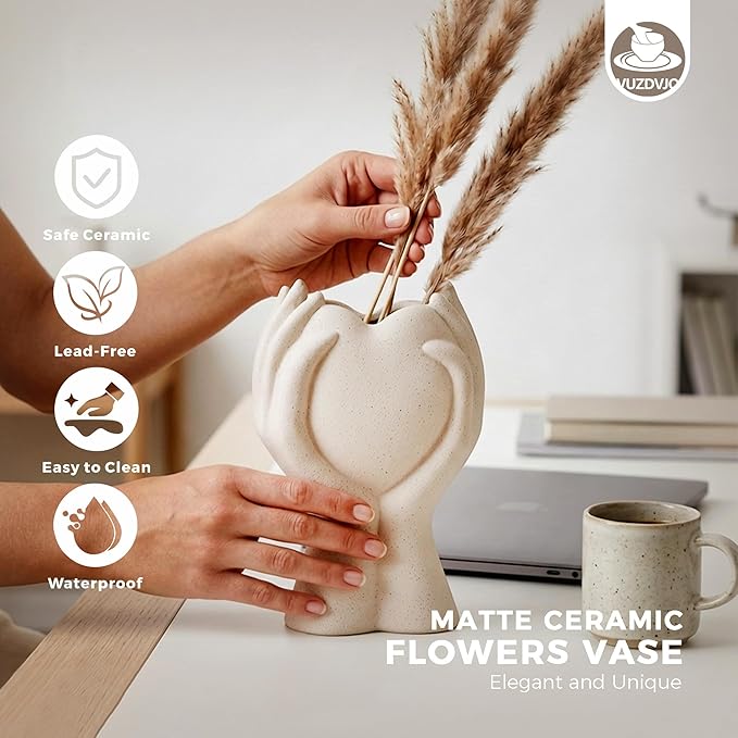 8 Inch Heart Hand White Ceramic Vase - Unique Modern Aesthetic Flowers Vase for Living Room Bedroom Office Kitchen Table Centerpiece or Shelf Decor (Cream White)